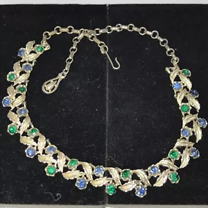 Coro Green & Blue Aurora Borealis Crystal Rhinestone Necklace 17” Vintage - Picture 1 of 8