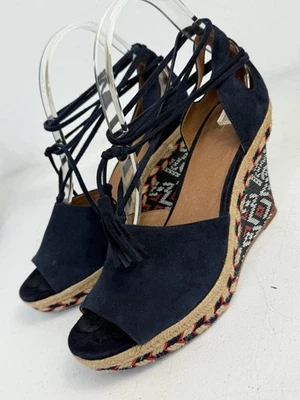 CAbi Isla Talla 8 Azul Gamuza Cuero Alpargata Tacón Cuña Zapatos Sandalias con Cordones Foto 1 de 4