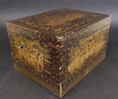 Interesting gold painted Tea box Pewter 19th Century chinoiserie palace scene - Image 1 of 4