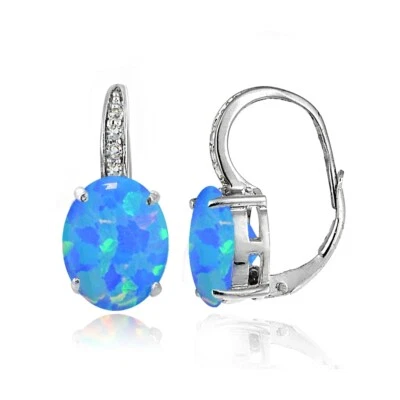 Sterling Silver Created Blue Opal and White Topaz Oval Leverback Earrings - Image 1 of 3