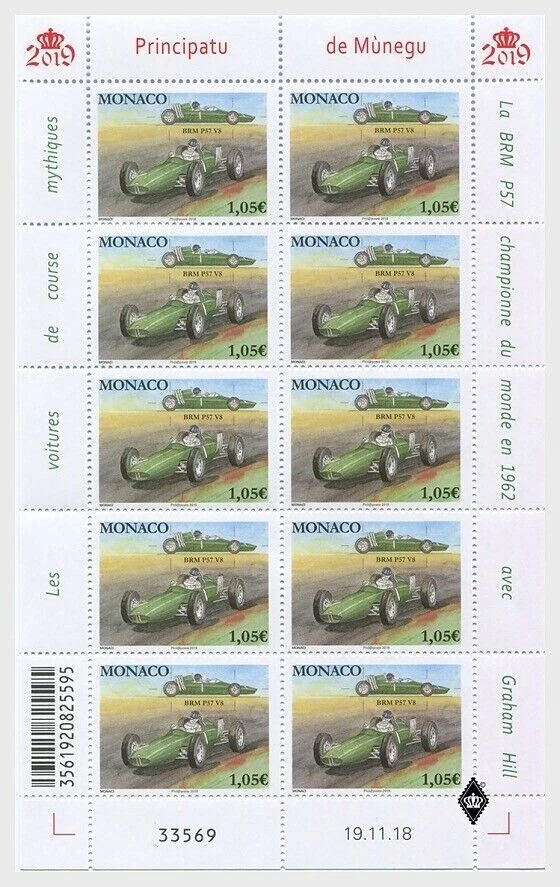 MONACO 2019 LEGENDARY RACE CARS BRM P57 SHEET - MONACO FOGLIETTO AUTO DA CORSA - Immagine 1 di 2