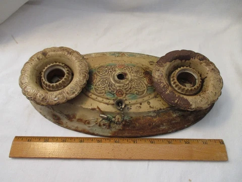 Antique 12" Flush Mount Ceiling Light Fixture ~ Pressed Tin ~ 2 Light  Flowers Cover