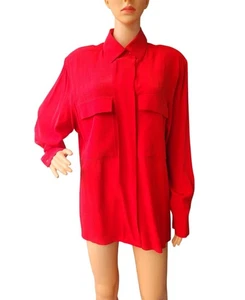 Vintage Doncaster Silk Red Button Up Shirt Top Blouse Shoulder Pads Size 12 - Picture 1 of 19