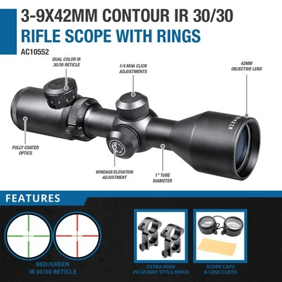 Mira telescópica compacta Barska 3-9x42 contorno 30/30 IR + anillos de riel + tapas de lentes AC10552 Foto 1 de 4