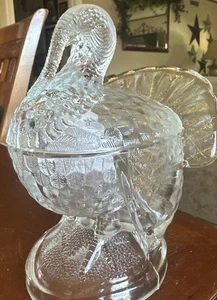 Vintage  Clear Glass Tom Turkey Covered Candy Dish Compote Thanksgiving - Picture 1 of 14