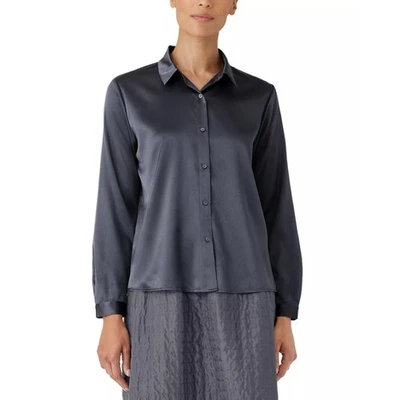 Eileen Fisher Women's Stretch Silk Charmeuse Classic Collar Shirt Size L Blue - Image 1 of 4