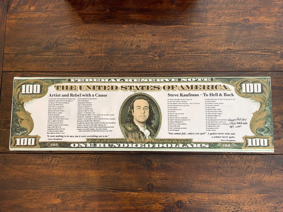 Steve Kaufman Signed $100 Bill Happy Holidays “Rebel With A Cause” Small Tear - Изображение 1 из 4