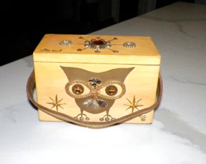 VINTAGE ENID COLLINS NITE OWL WOODEN PURSE RHINESTONE OWL - Picture 1 of 14