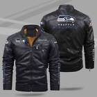 Seattle Seahawks Mens Fleece Leather Jacket Motorcycle Biker Padded Bomber Coat