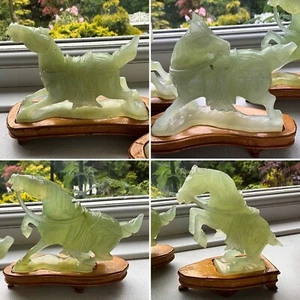 RARE SET 4 Antique Chinese GREEN NATURAL Carved Jade Stone TANG WAR HORSE H 5” - Picture 1 of 24