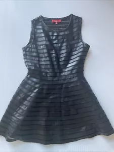 Red Saks Fifth Ave Black Leather Stripe Mesh Panel Sleeveless Fit Flare Dress S - Picture 1 of 7