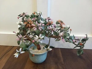 Vintage Bonsai Tree Jade Stone Glass Asian Flowers Celadon Pot Estate Find  - Picture 1 of 10