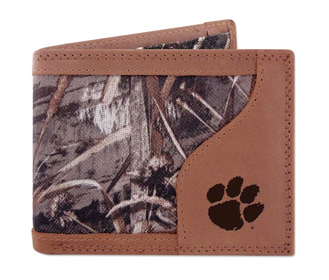 Clemson Tigers Bifold Realtree Max-5 Camo & Leather Wallet w/ Embossed Logo NCAA Cover