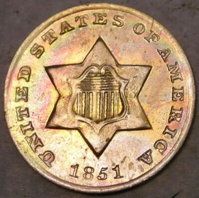 1851 O THREE CENT SILVER PIECE BEAUTIFUL MONSTER RAINBOW TONING SCARCE SEMI KEY - Image 1 of 3