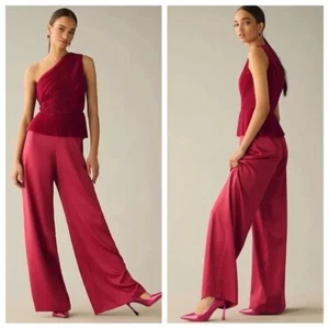 NWT Anthropologie Hutch Pleated One Shoulder Jumpsuit Size 10 Pink Rose Wide Leg - Picture 1 of 10