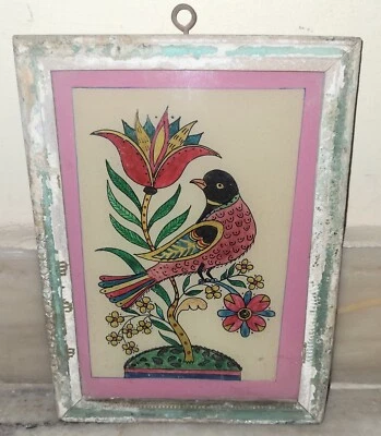 Decoração de parede vintage colecionável pintada à mão pintura floral pássaro vidro - Imagem 1 de 3