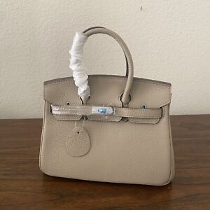 Etoupe Silver Pebble Leather 25 CM Belted Bag Structured Convertible Satchel