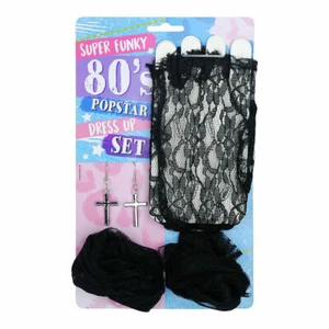 80er Popstar Ankleideset Madonna Spitze Handschuhe Schal Kreuz Ohrringe schicke Party - Bild 1 von 2
