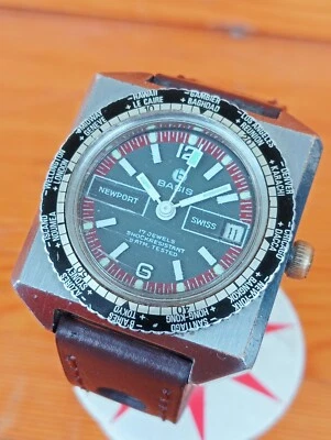BASIS NEWPORT WORLD TIMER SWISS MADE WATCH VINTAGE 5ATM (TOP RUNNING) Foto 1 de 4