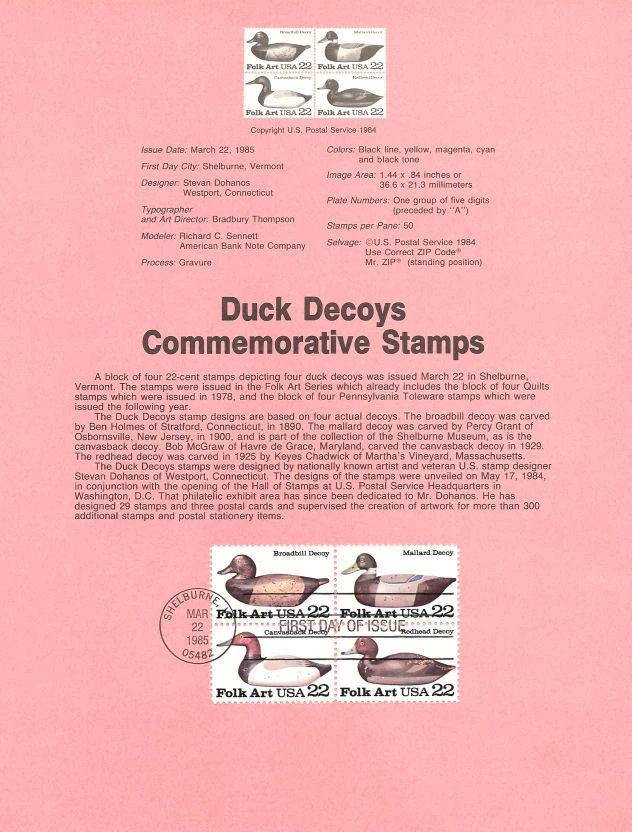 #8514 22c Duck Decoy  Stamps(B4) - Scott #2138-2141USPS  Souvenir Page - Image 1 of 1