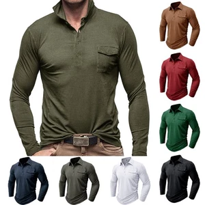 Mens Polo Long Sleeve Pique T-Shirt Tipping Collar Pocket Smart Casual Shirt Top - Picture 1 of 8