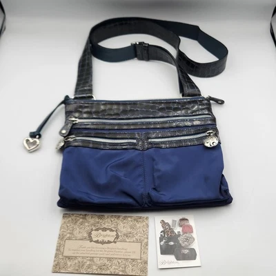 Brighton Blue Nylon Leather Trim Crossbody Bag Adjustable Strap Heart Charm - Image 1 of 4
