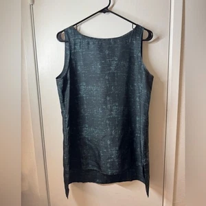 Eileen Fisher 100% Silk Shadow Print Green Black Longline Step Hem Blouse Top S - Picture 1 of 16