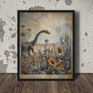 Vintage DINOSAUR SUNFLOWER Wall Art, Jurassic Flower Decor, Floral Print - Picture 1 of 21