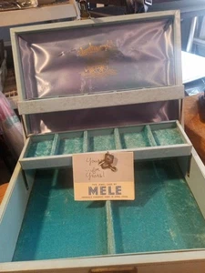 Vtg Mele Jewelry Box  Blue Wood Gold Trim 2 Tray  Organizer USA 11"x8" With Keys - Picture 1 of 10
