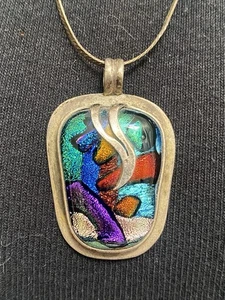 Vintage Sterling Silver Dichroic Glass Pendant 925 Italy Chain Necklace - Picture 1 of 8