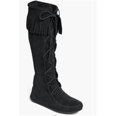 Botas mocassim femininas Minnetonka camurça preta franja alta joelho cadarço tamanho 9 - Imagem 1 de 4