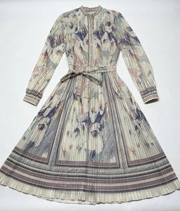 VTG Sheer Metallic Pearl Button Tie Waist Accordion Dress Size 10 Fairycore Flaw - Picture 1 of 24