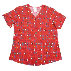 Simply Basic Women Red Penguin Christmas Medical Smock Nurse Scrubs Shirt Top S - Picture 1 of 1