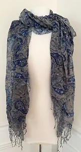 NEW Cynthia Rowley Gray Blue Paisley Print Sheer Fringed Scarf Shawl Wrap 26x100 - Picture 1 of 1