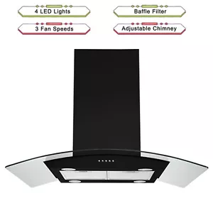 30 inch Island Mount Range Hood 900CFM Tempered Glass Cook Vent LED Light Black - Picture 1 of 15