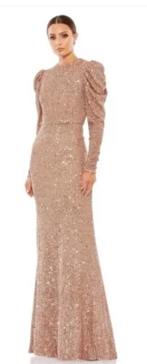 Mac Duggal Sequin HighNeck Juliet Puff Long Sleeve Trumpet Column Gown Copper 4 - Image 1 of 4