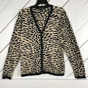 Dialogue Women’s Size Medium Tan Black Animal Print Long Sleeve Cardigan Sweater - Picture 1 of 6