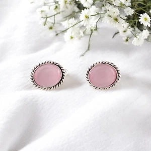 Gemelos hechos a mano de plata de ley 925 con piedras preciosas rosa natural ojo de gato regalo - Imagen 1 de 6