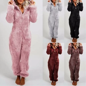Damen All In One Fleece Jumpsuit Kapuze Warm Luxus Fluffy Pelz Winter Frauen - Bild 1 von 22