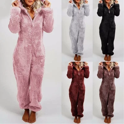 Damen All In One Fleece Jumpsuit Kapuze Warm Luxus Fluffy Pelz Winter Frauen - Bild 1 von 4