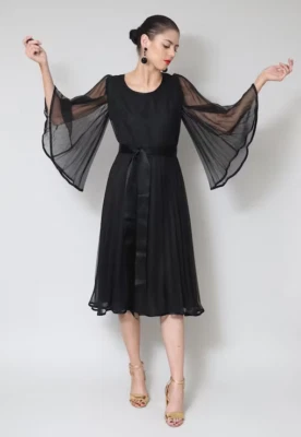 70er Vintage Verena Modell langes geriffeltes Ärmel transparent Abend Party Midikleid - Bild 1 von 4