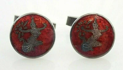 复古 Siam Thainakon 泰国 Nakon TN 红色珐琅纯银袖扣 — 第 1/4 张图片