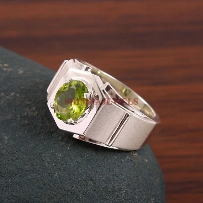 Pedra preciosa peridoto natural com anel de prata esterlina 925 masculino #851 - Imagem 1 de 4