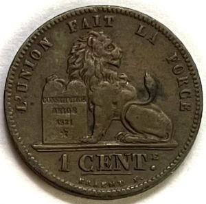 1875 Belgium 1 Centime Leopold Copper Lion & Constitution Coin - Picture 1 of 2