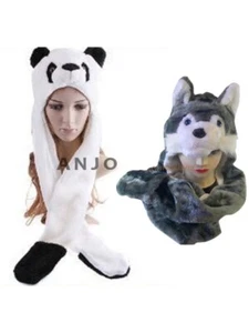 3-in-1 Stofftier Plüsch Beanie/Trapper/Ski Wintermütze mit Fäustling Handschuh/Schal - Bild 1 von 12