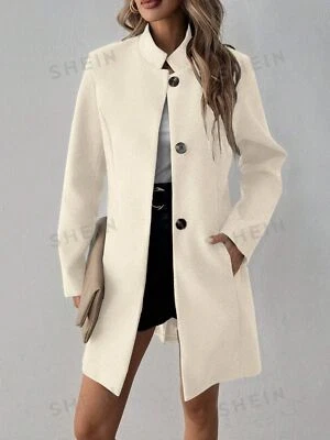 Gabardina de guisantes hasta la rodilla pequeña beige de un solo pecho Foto 1 de 4