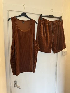 Mens Copper Brown Velour Vest Top & Shorts Set Uk Size XL - Picture 1 of 2