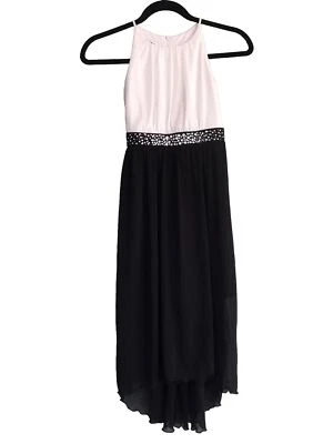 Maxi Vestido Niñas Talla 7 Negro Blanco Halter Cuello Gasa Baile de graduación Fiesta Boda Foto 1 de 4
