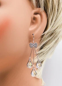 Silver Tone Austrian Crystal Water Drop Dangle Earrings with Clear Crystal Bow - Picture 1 of 3