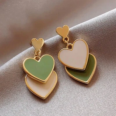 White and Green Enamel Heart Gold Drop Earrings - Image 1 of 4